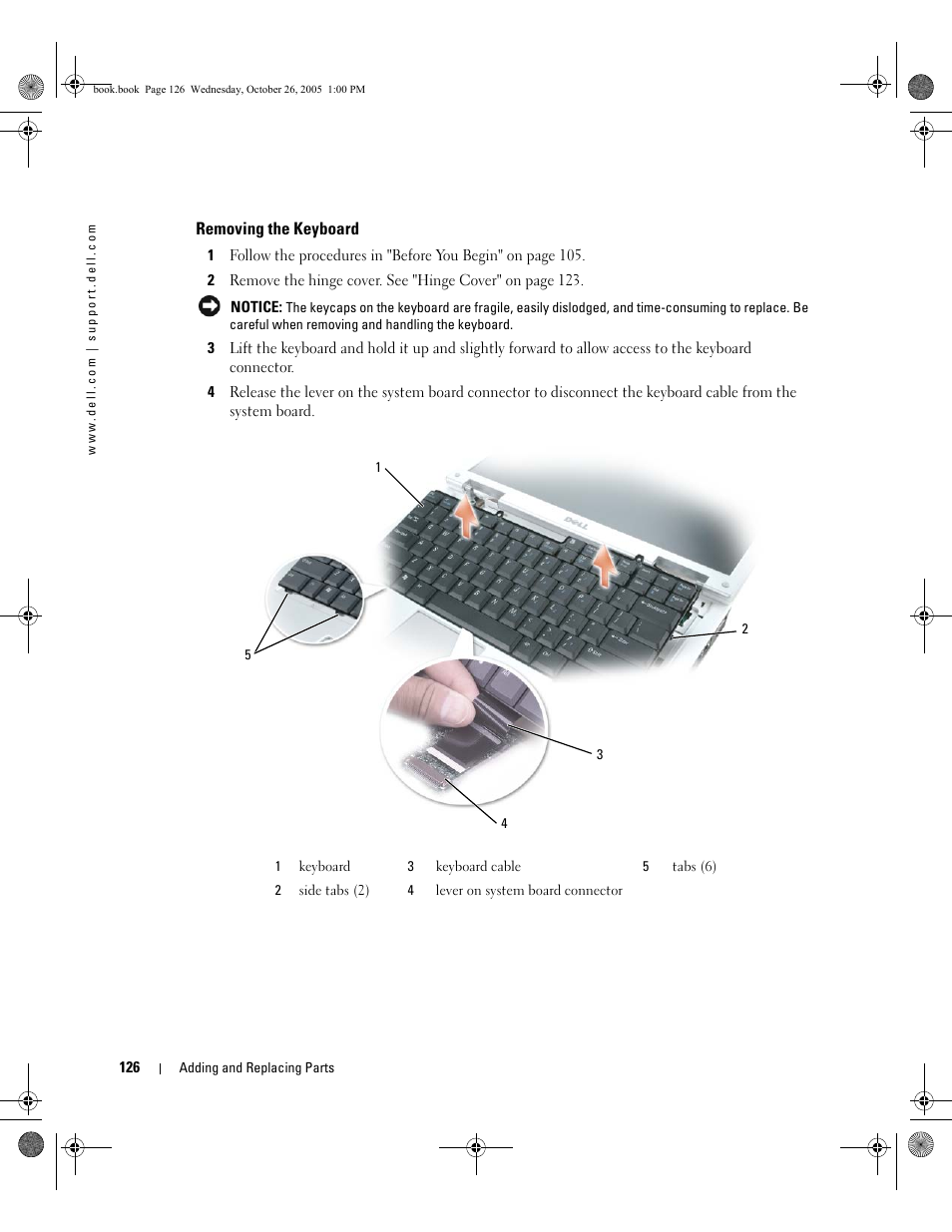 Removing the keyboard | Dell XPS M140 (MXC051, Late 2005) User Manual | Page 126 / 180