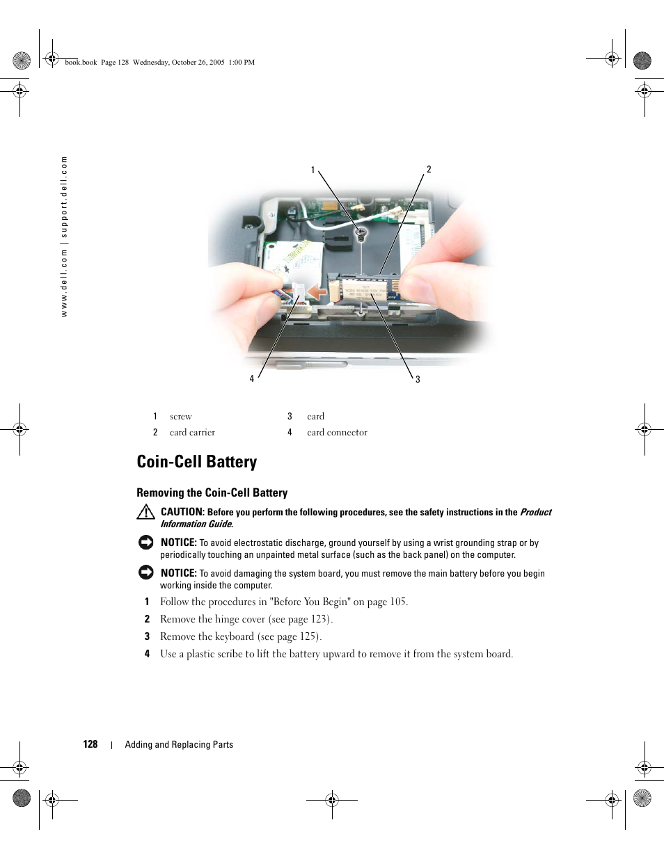 Coin-cell battery, Removing the coin-cell battery | Dell XPS M140 (MXC051, Late 2005) User Manual | Page 128 / 180