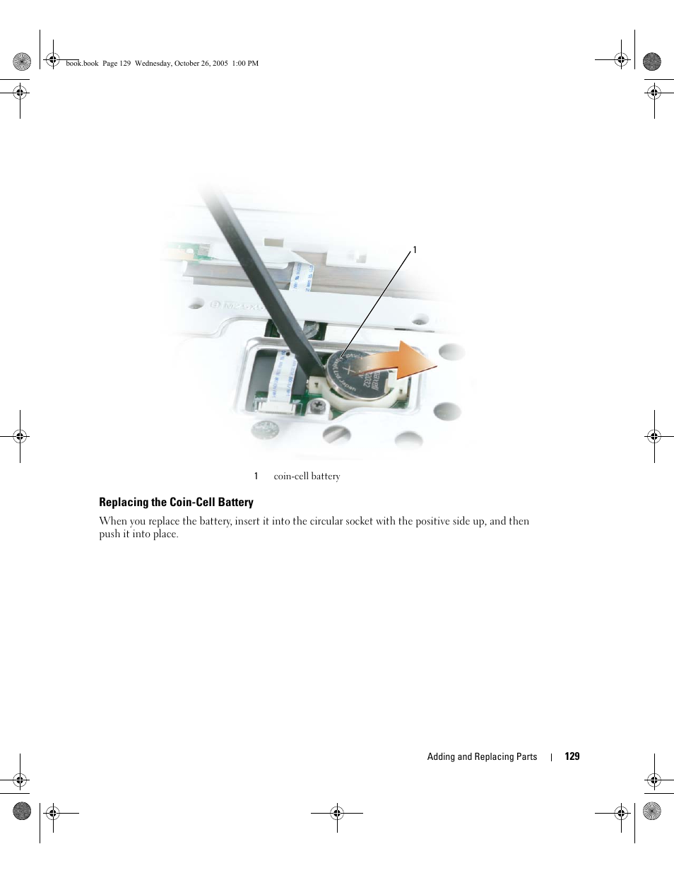 Replacing the coin-cell battery | Dell XPS M140 (MXC051, Late 2005) User Manual | Page 129 / 180