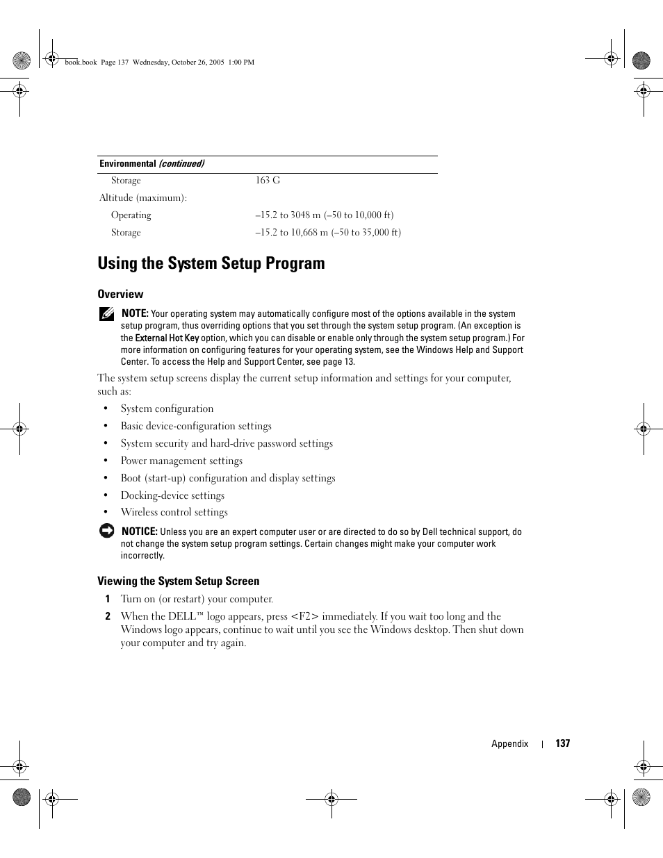 Using the system setup program, Overview, Viewing the system setup screen | Program. see "using the system | Dell XPS M140 (MXC051, Late 2005) User Manual | Page 137 / 180