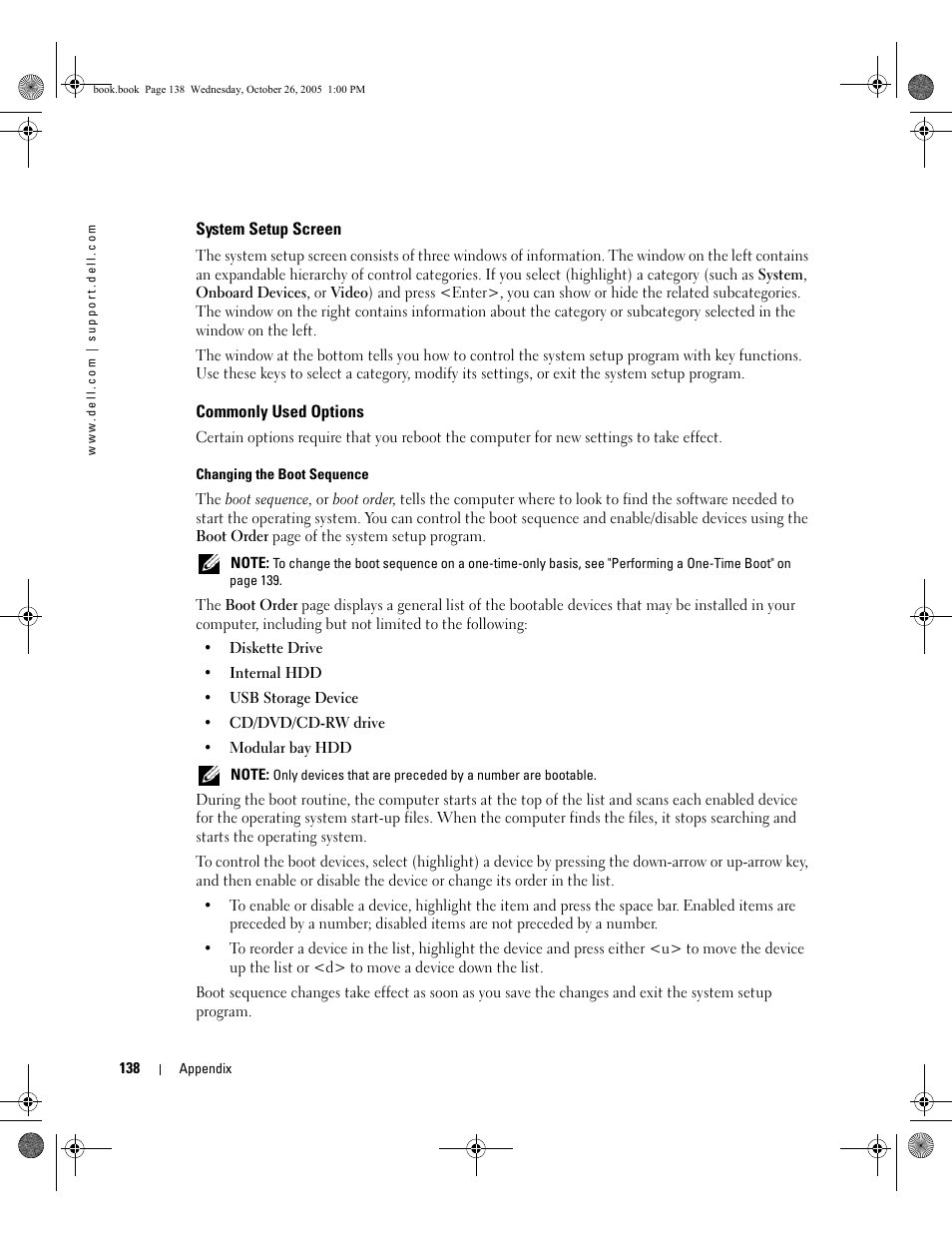 System setup screen, Commonly used options | Dell XPS M140 (MXC051, Late 2005) User Manual | Page 138 / 180