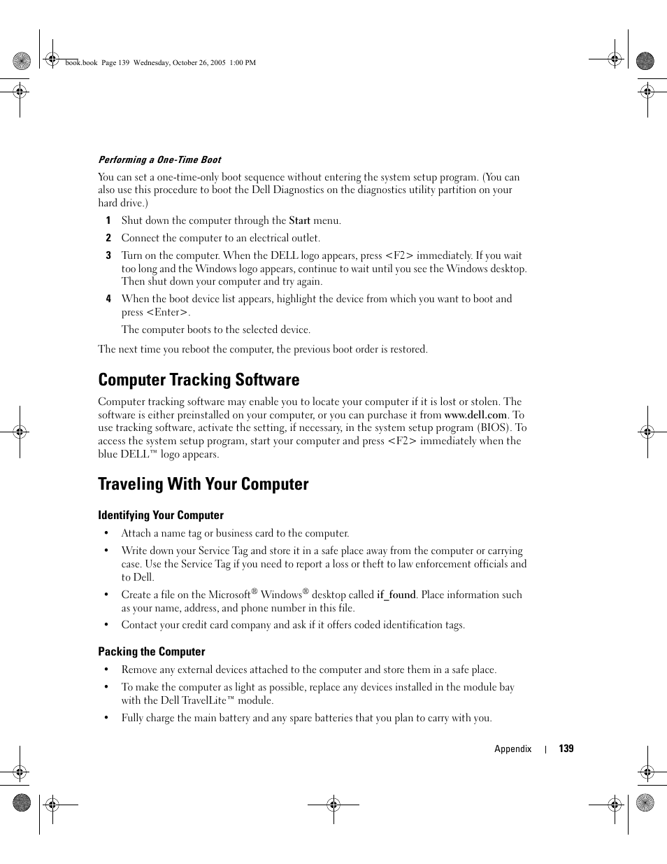 Computer tracking software, Traveling with your computer, Identifying your computer | Packing the computer | Dell XPS M140 (MXC051, Late 2005) User Manual | Page 139 / 180