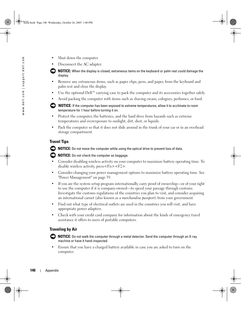 Travel tips, Traveling by air | Dell XPS M140 (MXC051, Late 2005) User Manual | Page 140 / 180