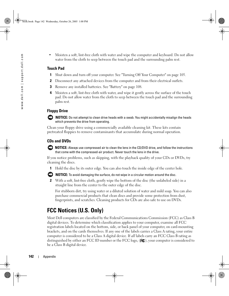 Touch pad, Floppy drive, Cds and dvds | Fcc notices (u.s. only) | Dell XPS M140 (MXC051, Late 2005) User Manual | Page 142 / 180