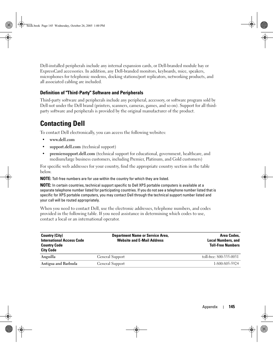 Contacting dell, E "contacting dell" on, E "contacting | Dell XPS M140 (MXC051, Late 2005) User Manual | Page 145 / 180