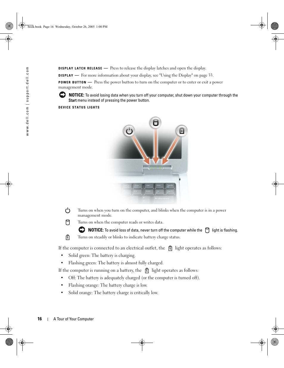 Display latch release, Display, Power button | Device status lights | Dell XPS M140 (MXC051, Late 2005) User Manual | Page 16 / 180