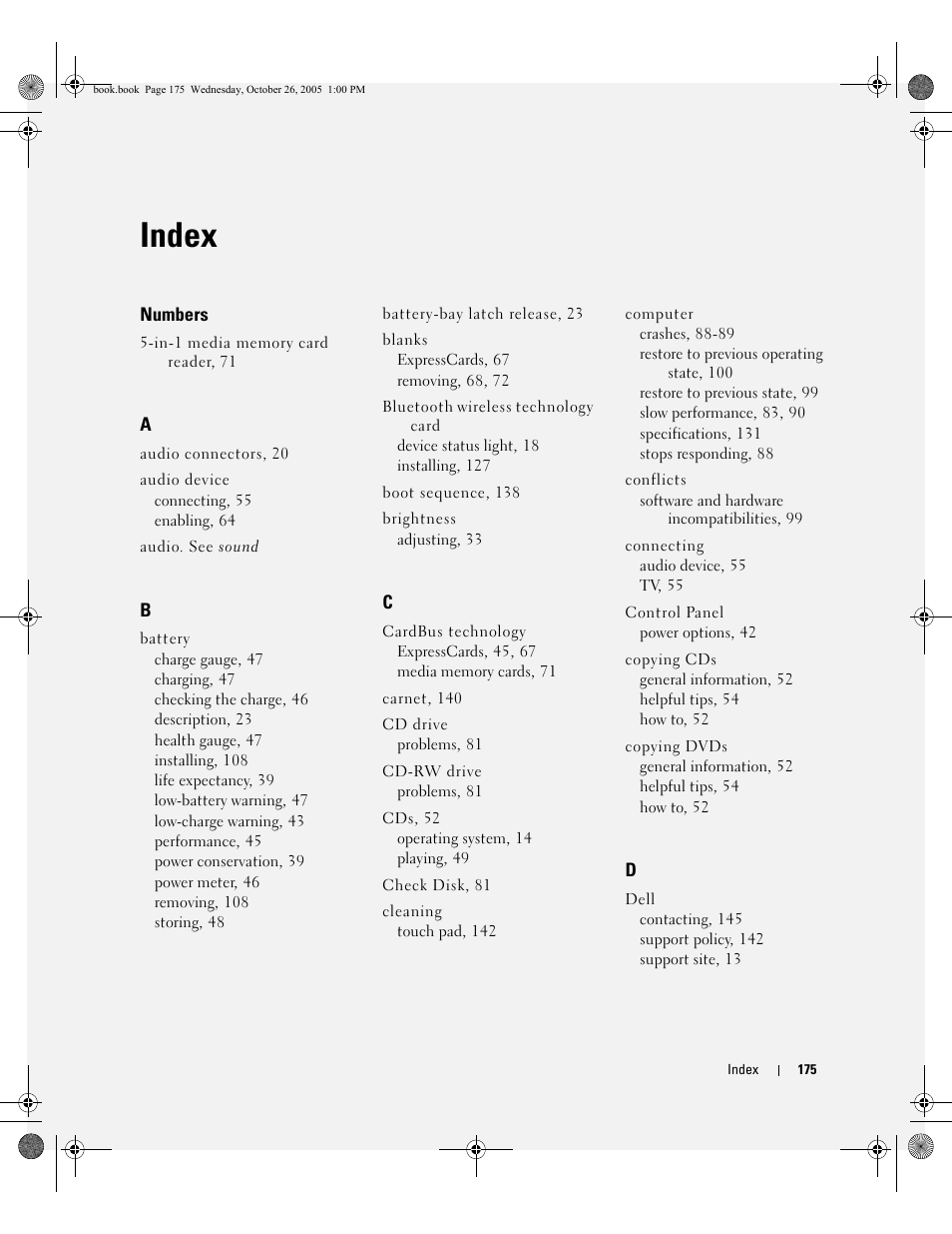 Index | Dell XPS M140 (MXC051, Late 2005) User Manual | Page 175 / 180