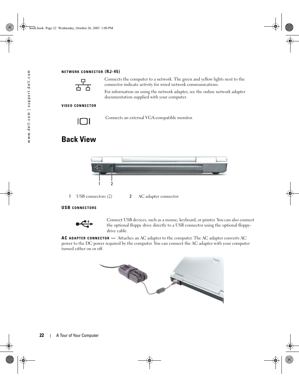 Back view, Network connector (rj-45), Video connector | Dell XPS M140 (MXC051, Late 2005) User Manual | Page 22 / 180