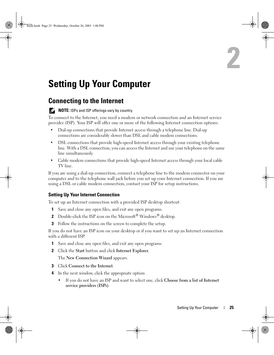 Setting up your computer, Connecting to the internet, Setting up your internet connection | 2 setting up your computer | Dell XPS M140 (MXC051, Late 2005) User Manual | Page 25 / 180