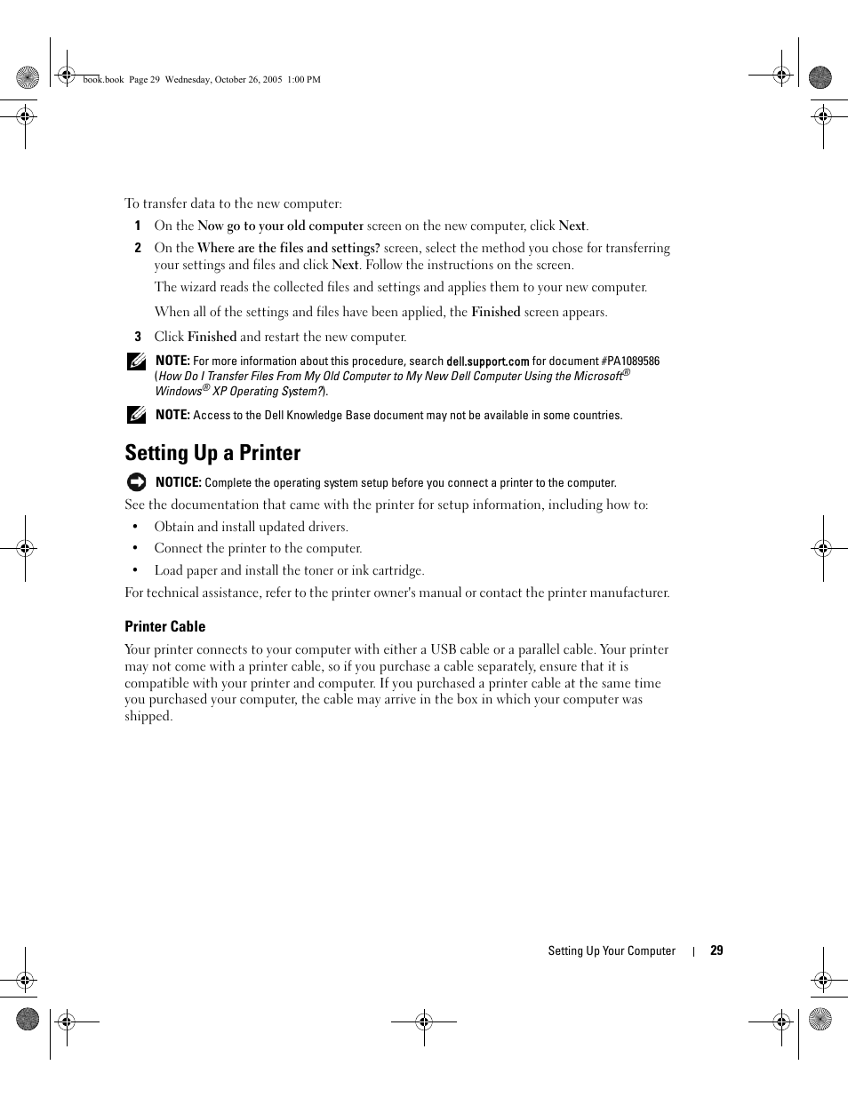 Setting up a printer, Printer cable | Dell XPS M140 (MXC051, Late 2005) User Manual | Page 29 / 180