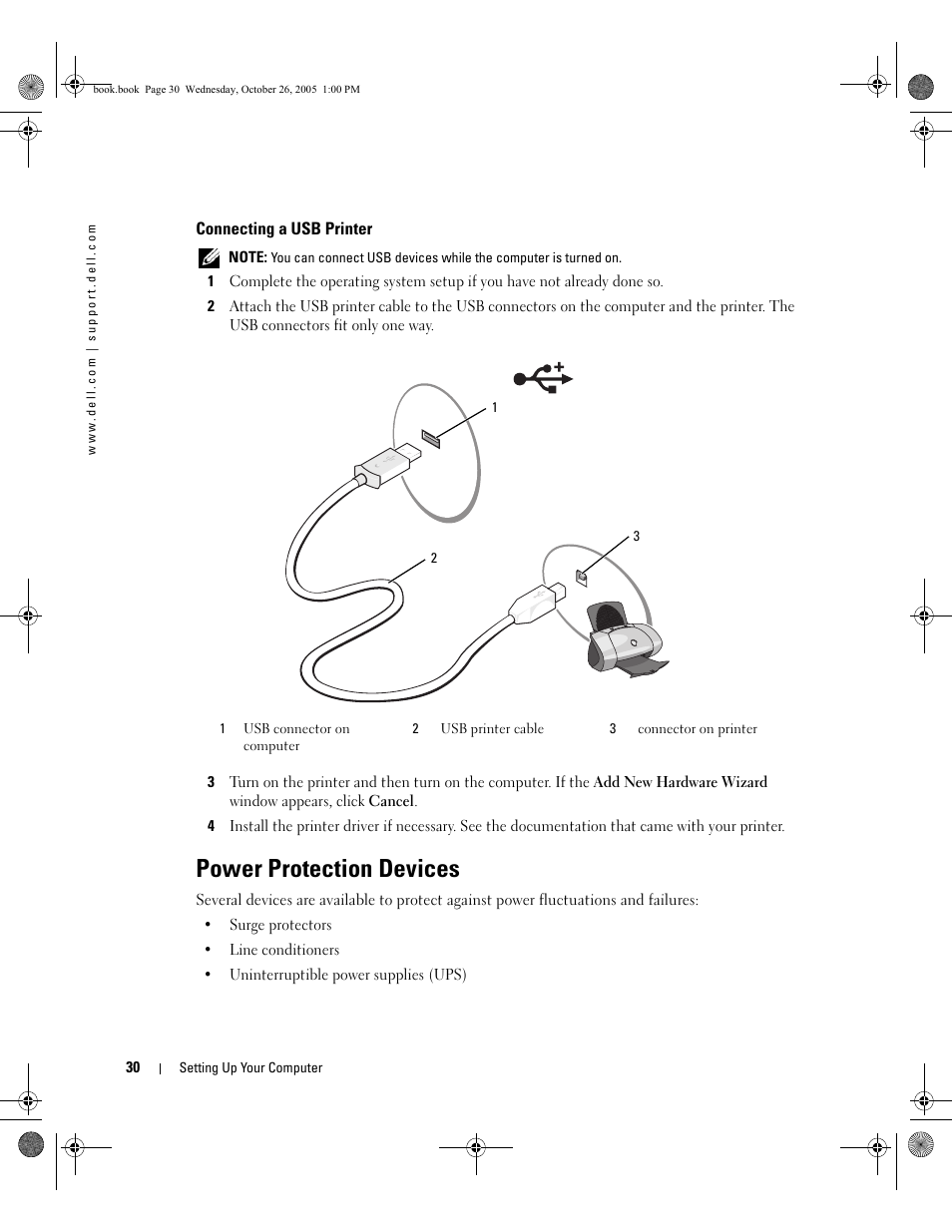 Connecting a usb printer, Power protection devices | Dell XPS M140 (MXC051, Late 2005) User Manual | Page 30 / 180