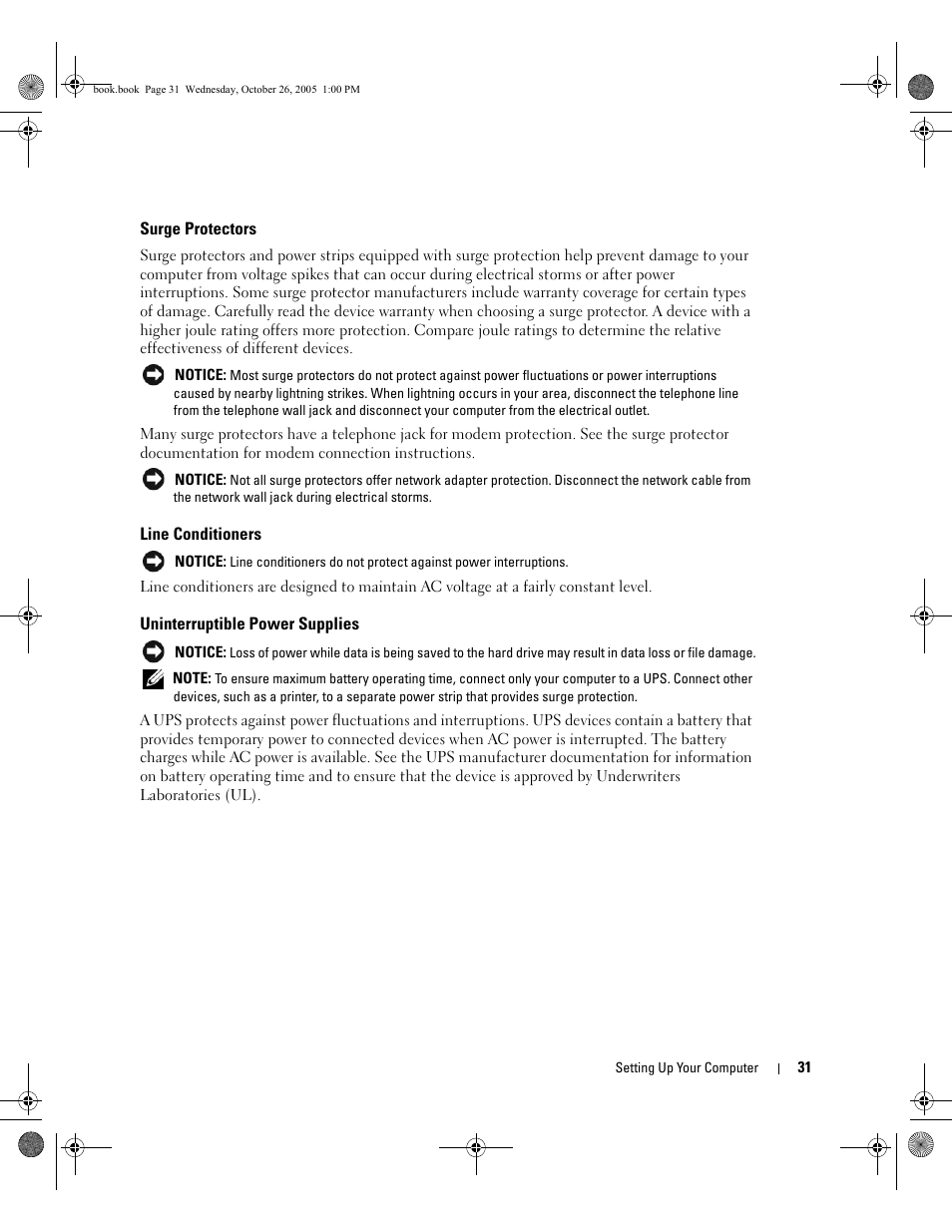 Surge protectors, Line conditioners, Uninterruptible power supplies | Dell XPS M140 (MXC051, Late 2005) User Manual | Page 31 / 180