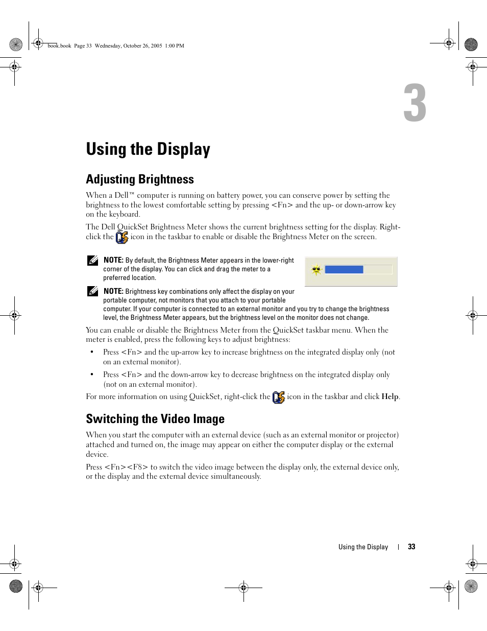 Using the display, Adjusting brightness, Switching the video image | 3 using the display | Dell XPS M140 (MXC051, Late 2005) User Manual | Page 33 / 180
