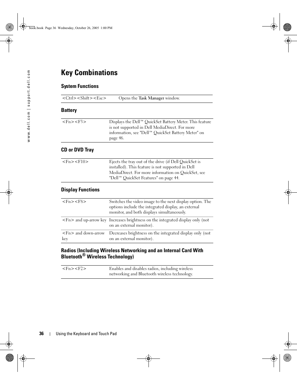 Key combinations, System functions, Battery | Cd or dvd tray, Display functions, Bluetooth | Dell XPS M140 (MXC051, Late 2005) User Manual | Page 36 / 180