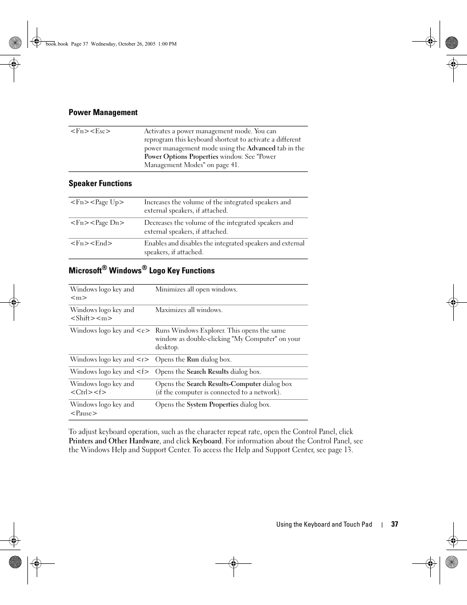 Power management, Speaker functions, Microsoft® windows® logo key functions | Microsoft | Dell XPS M140 (MXC051, Late 2005) User Manual | Page 37 / 180