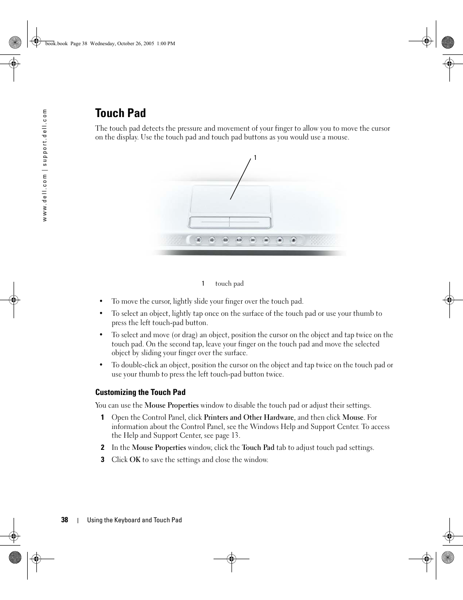 Touch pad, Customizing the touch pad | Dell XPS M140 (MXC051, Late 2005) User Manual | Page 38 / 180