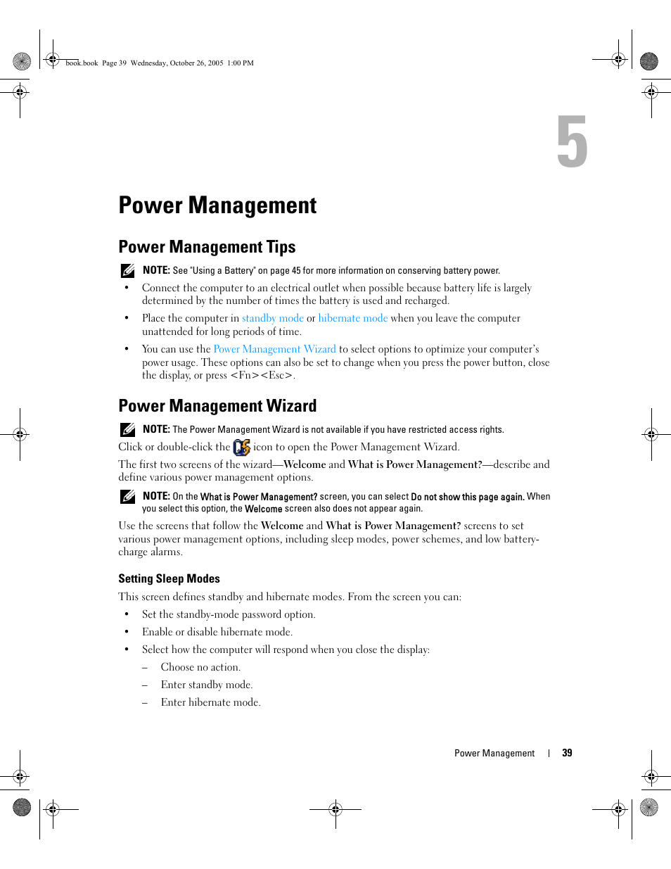 Power management, Power management tips, Power management wizard | Setting sleep modes, 5 power management | Dell XPS M140 (MXC051, Late 2005) User Manual | Page 39 / 180