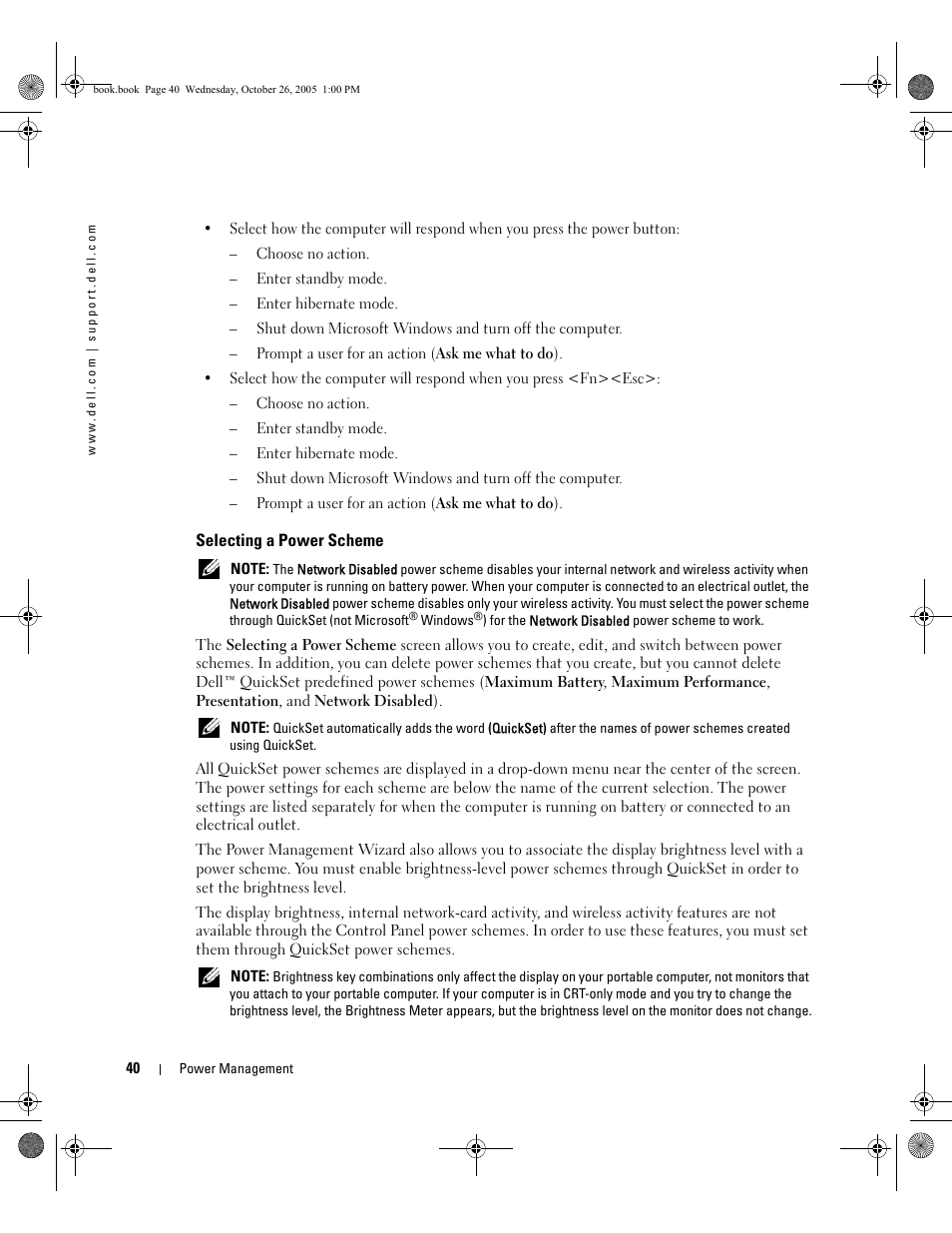Selecting a power scheme | Dell XPS M140 (MXC051, Late 2005) User Manual | Page 40 / 180