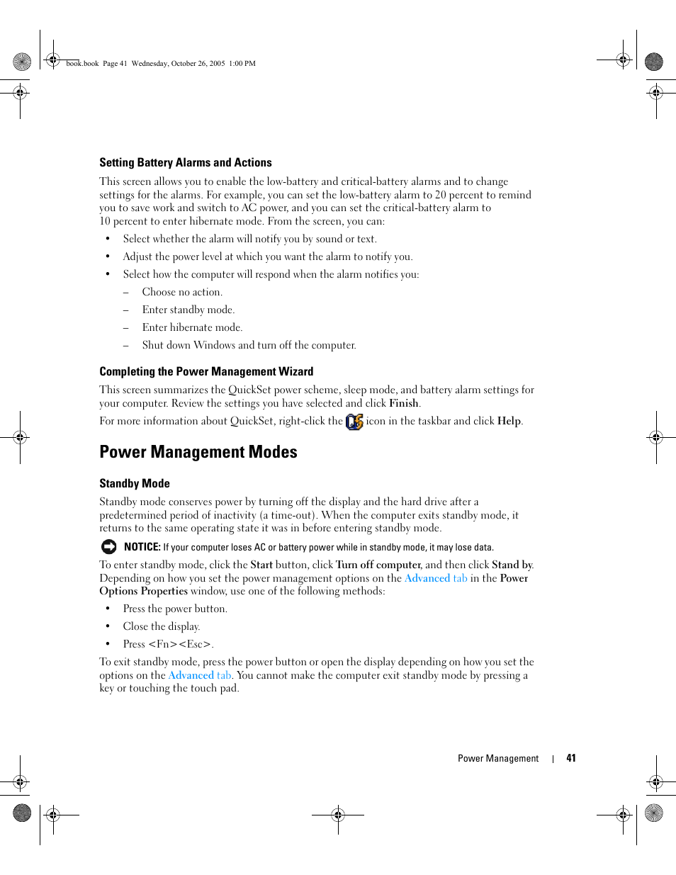 Setting battery alarms and actions, Completing the power management wizard, Power management modes | Standby mode, The computer in | Dell XPS M140 (MXC051, Late 2005) User Manual | Page 41 / 180