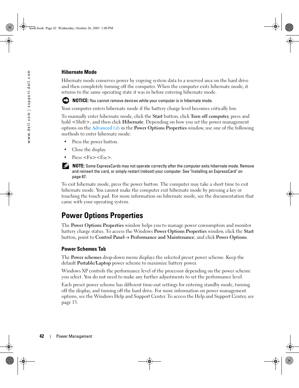 Hibernate mode, Power options properties, Power schemes tab | Dell XPS M140 (MXC051, Late 2005) User Manual | Page 42 / 180