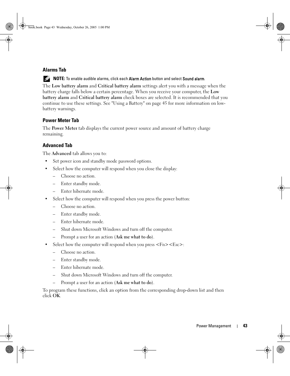 Alarms tab, Power meter tab, Advanced tab | Options on the, In the | Dell XPS M140 (MXC051, Late 2005) User Manual | Page 43 / 180