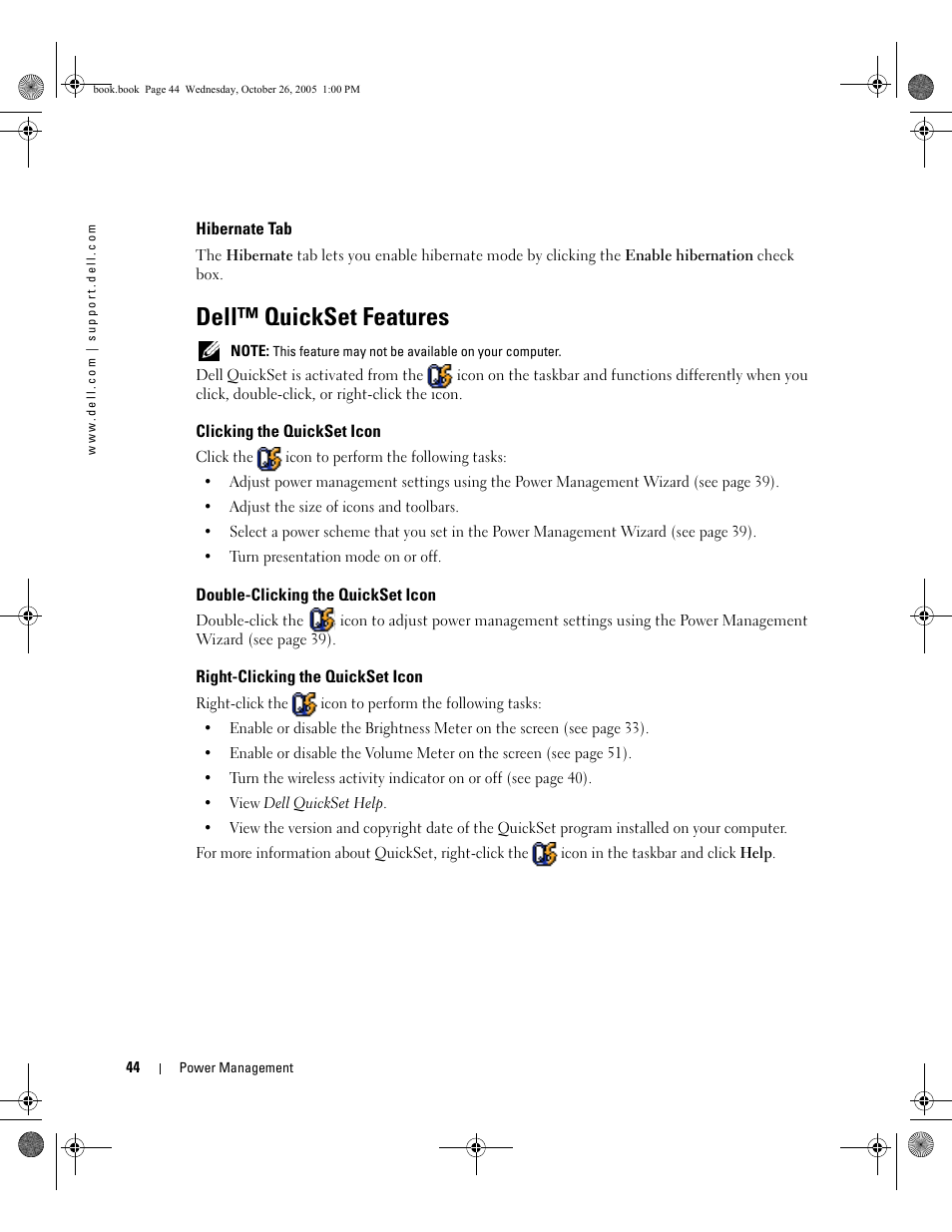 Hibernate tab, Dell™ quickset features, Clicking the quickset icon | Double-clicking the quickset icon, Right-clicking the quickset icon | Dell XPS M140 (MXC051, Late 2005) User Manual | Page 44 / 180