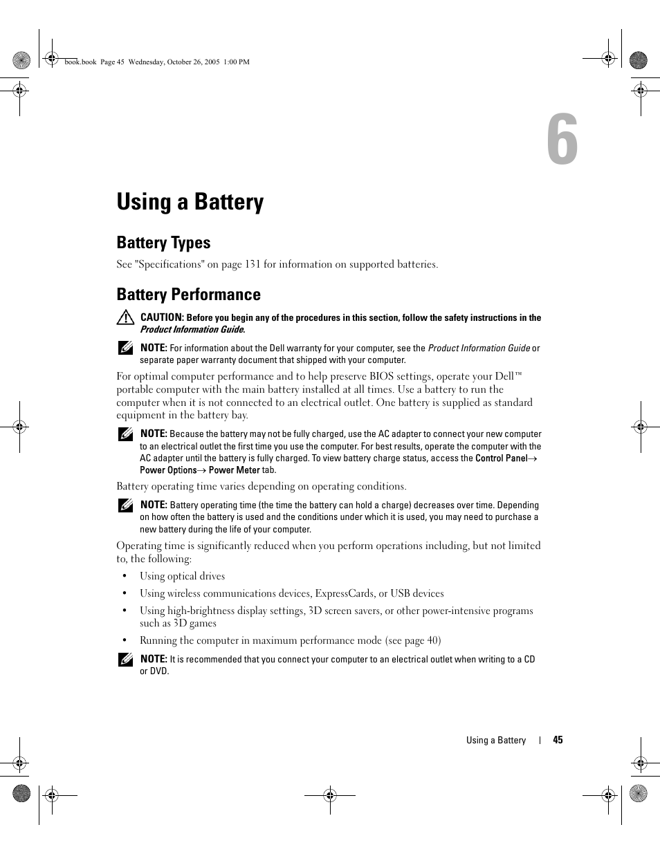 Using a battery, Battery types, Battery performance | 6 using a battery, Using a battery" on | Dell XPS M140 (MXC051, Late 2005) User Manual | Page 45 / 180