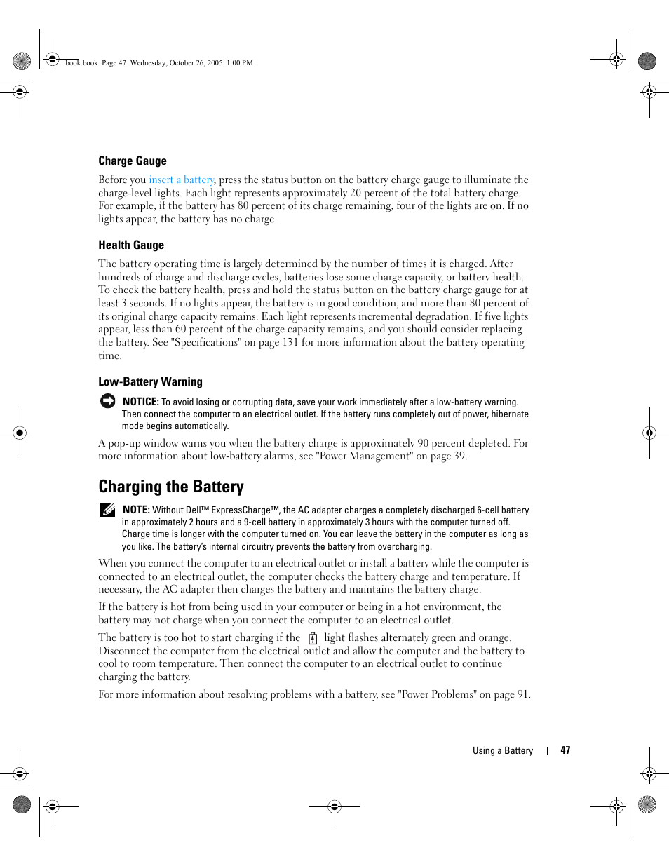 Charge gauge, Health gauge, Low-battery warning | Charging the battery | Dell XPS M140 (MXC051, Late 2005) User Manual | Page 47 / 180