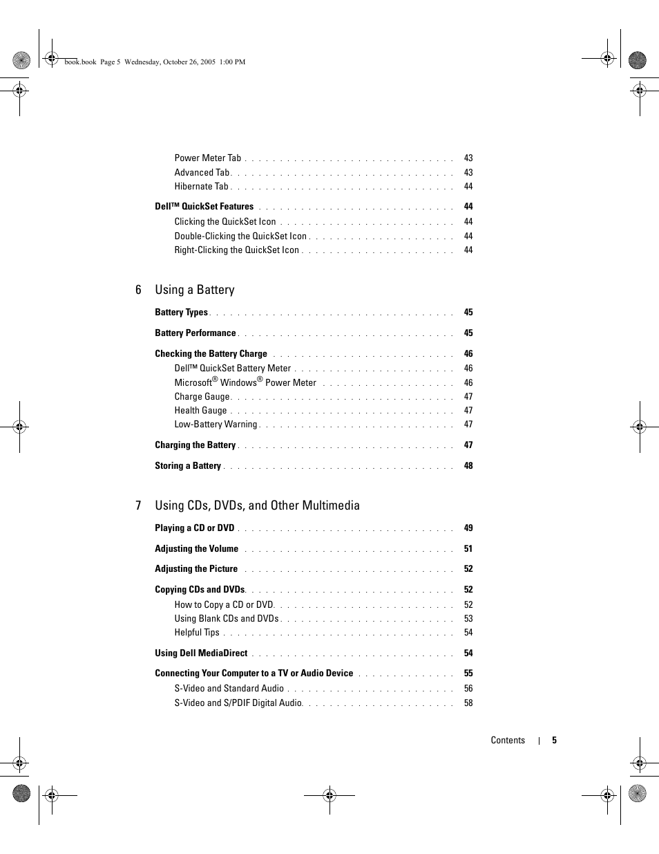 6 using a battery, 7 using cds, dvds, and other multimedia | Dell XPS M140 (MXC051, Late 2005) User Manual | Page 5 / 180