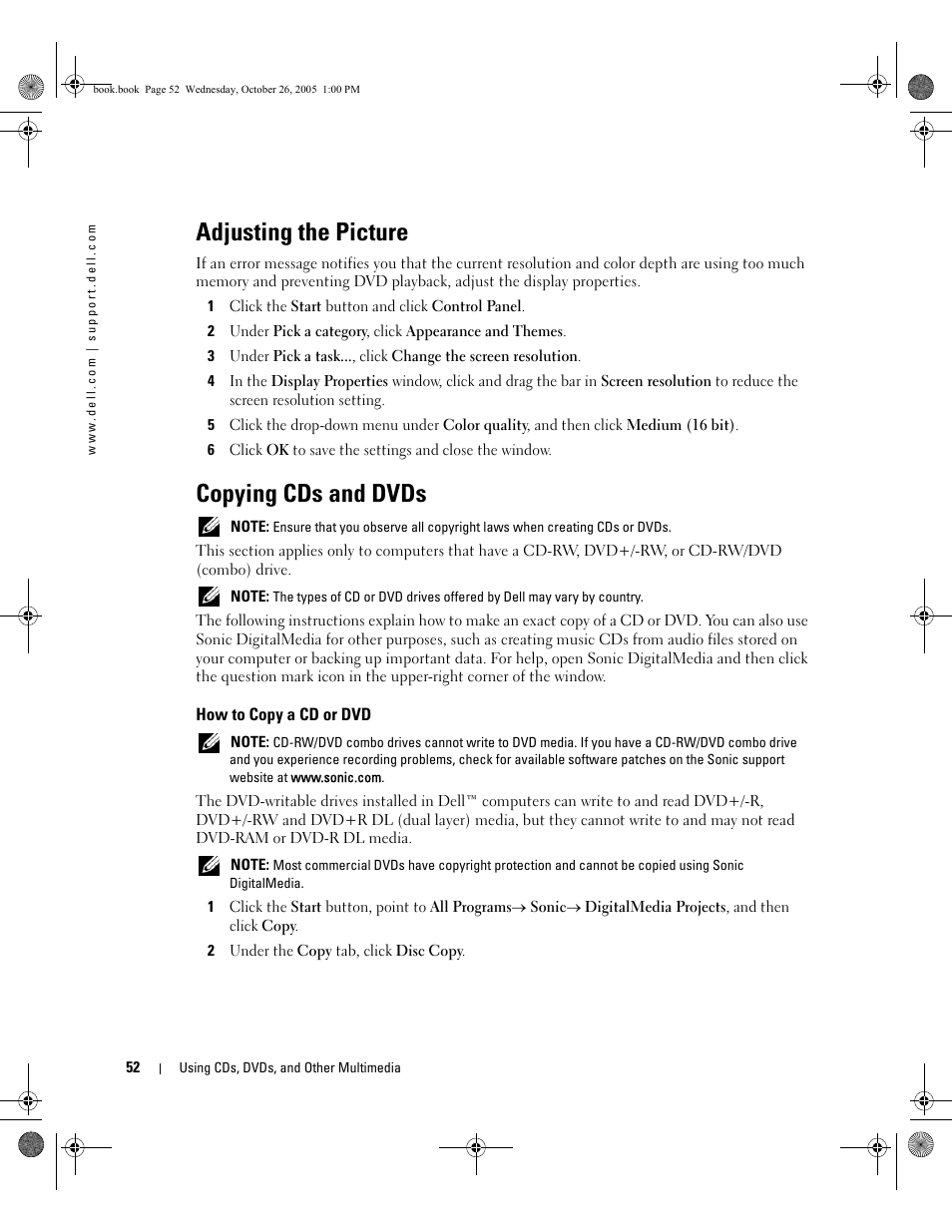 Adjusting the picture, Copying cds and dvds, How to copy a cd or dvd | Dell XPS M140 (MXC051, Late 2005) User Manual | Page 52 / 180