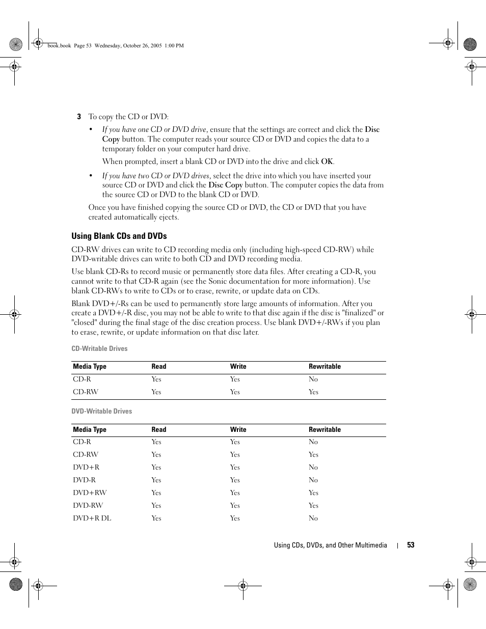 Using blank cds and dvds | Dell XPS M140 (MXC051, Late 2005) User Manual | Page 53 / 180