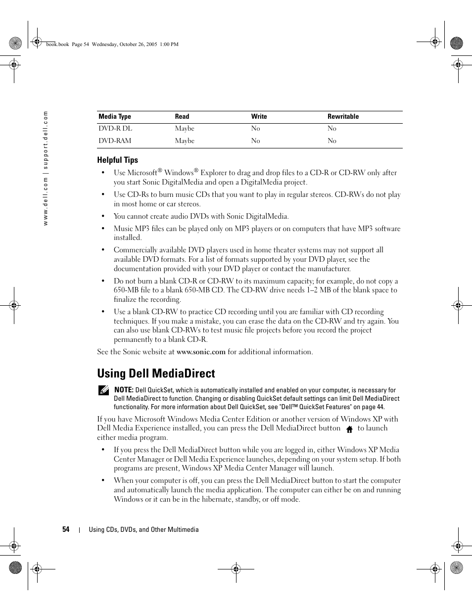 Helpful tips, Using dell mediadirect | Dell XPS M140 (MXC051, Late 2005) User Manual | Page 54 / 180