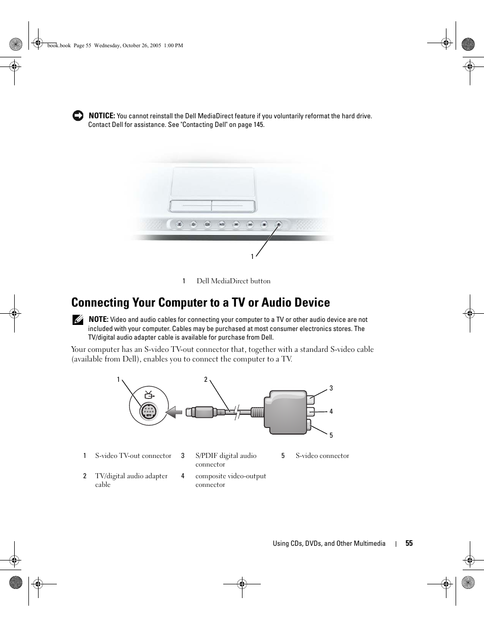 Connecting your computer to a tv or audio device | Dell XPS M140 (MXC051, Late 2005) User Manual | Page 55 / 180