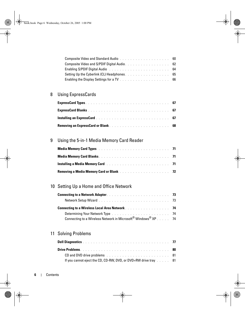 8 using expresscards, 10 setting up a home and office network, 11 solving problems | Dell XPS M140 (MXC051, Late 2005) User Manual | Page 6 / 180