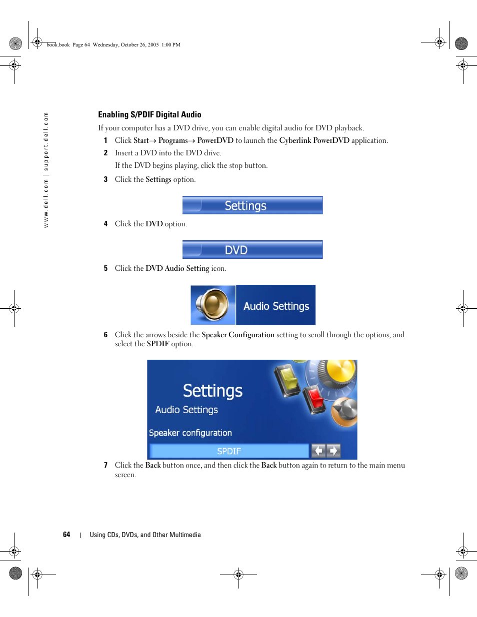 Enabling s/pdif digital audio, E "enabling s/pdif digital audio" on | Dell XPS M140 (MXC051, Late 2005) User Manual | Page 64 / 180