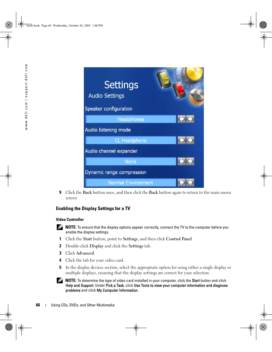 Enabling the display settings for a tv, See "enabling the display settings for a | Dell XPS M140 (MXC051, Late 2005) User Manual | Page 66 / 180