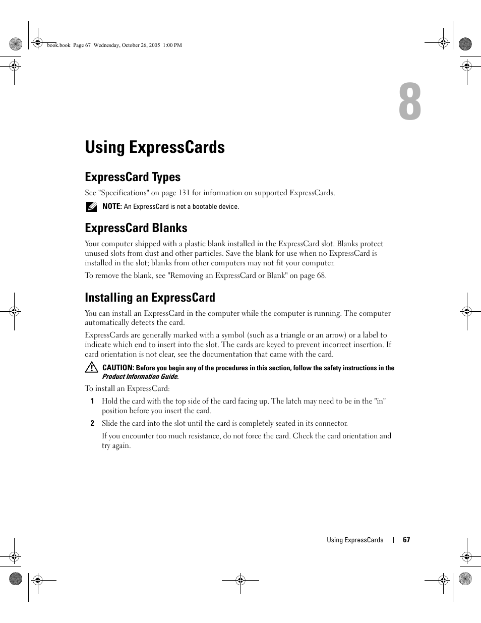 Using expresscards, Expresscard types, Expresscard blanks | Installing an expresscard, 8 using expresscards, See "installing an expresscard" on | Dell XPS M140 (MXC051, Late 2005) User Manual | Page 67 / 180