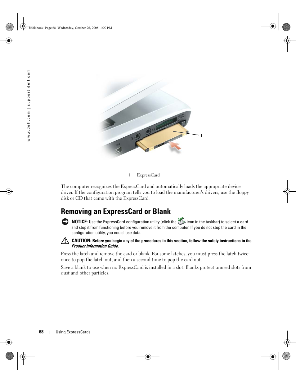 Removing an expresscard or blank | Dell XPS M140 (MXC051, Late 2005) User Manual | Page 68 / 180