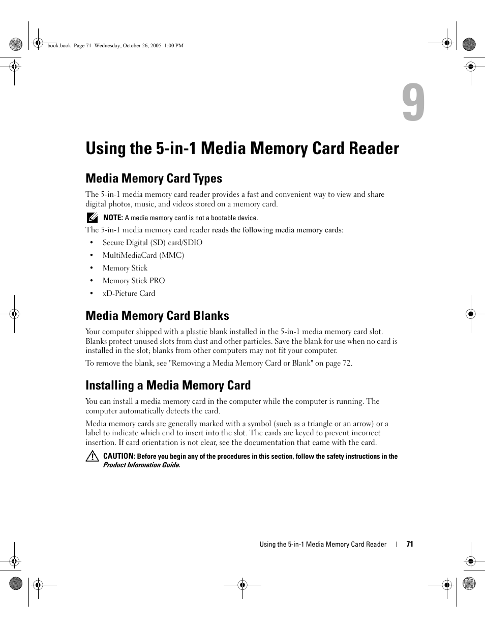 Using the 5-in-1 media memory card reader, Media memory card types, Media memory card blanks | Installing a media memory card, 9 using the 5-in-1 media memory card reader | Dell XPS M140 (MXC051, Late 2005) User Manual | Page 71 / 180