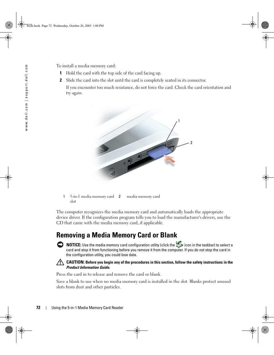 Removing a media memory card or blank | Dell XPS M140 (MXC051, Late 2005) User Manual | Page 72 / 180