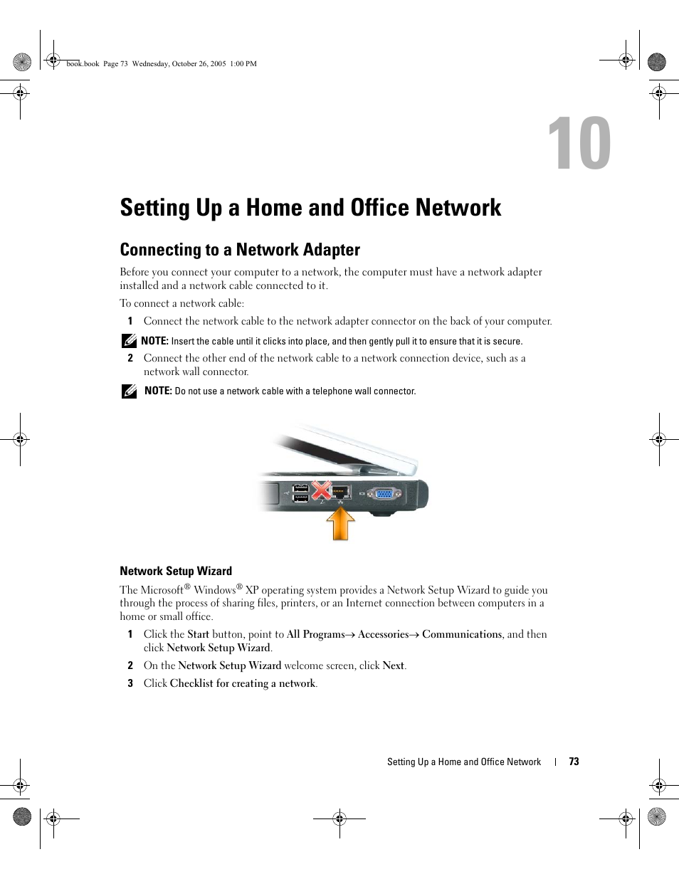 Setting up a home and office network, Connecting to a network adapter, Network setup wizard | 10 setting up a home and office network | Dell XPS M140 (MXC051, Late 2005) User Manual | Page 73 / 180