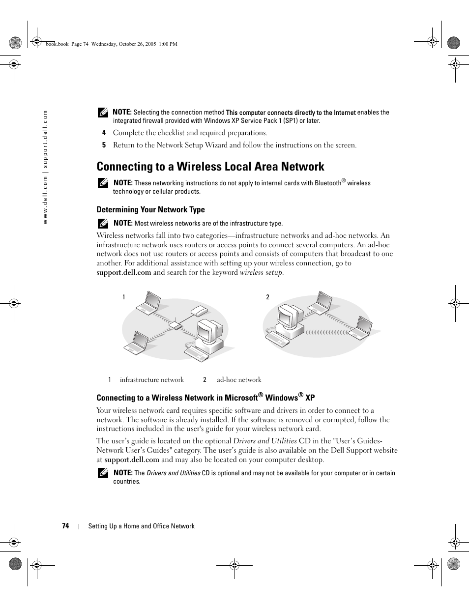 Connecting to a wireless local area network, Determining your network type, Connecting to a wireless network in microsoft | Dell XPS M140 (MXC051, Late 2005) User Manual | Page 74 / 180