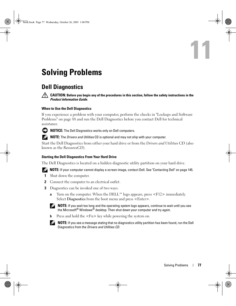 Solving problems, Dell diagnostics, 11 solving problems | Dell XPS M140 (MXC051, Late 2005) User Manual | Page 77 / 180