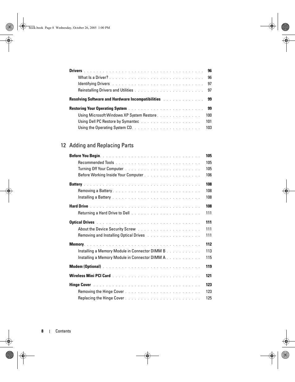 12 adding and replacing parts | Dell XPS M140 (MXC051, Late 2005) User Manual | Page 8 / 180