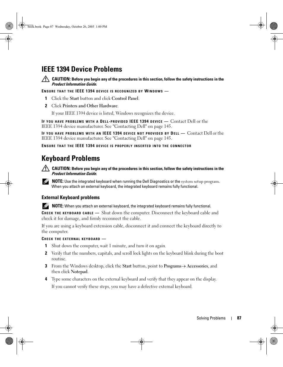 Ieee 1394 device problems, Keyboard problems, External keyboard problems | Dell XPS M140 (MXC051, Late 2005) User Manual | Page 87 / 180