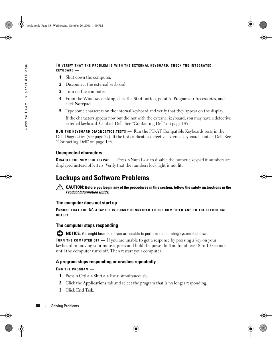 Unexpected characters, Lockups and software problems, The computer does not start up | The computer stops responding, A program stops responding or crashes repeatedly | Dell XPS M140 (MXC051, Late 2005) User Manual | Page 88 / 180