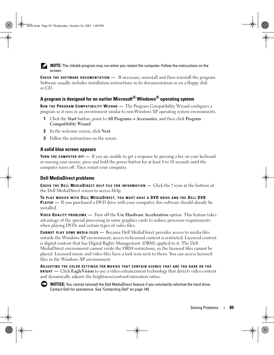 A solid blue screen appears, Dell mediadirect problems, A program is designed for an earlier microsoft | Windows, Operating system | Dell XPS M140 (MXC051, Late 2005) User Manual | Page 89 / 180