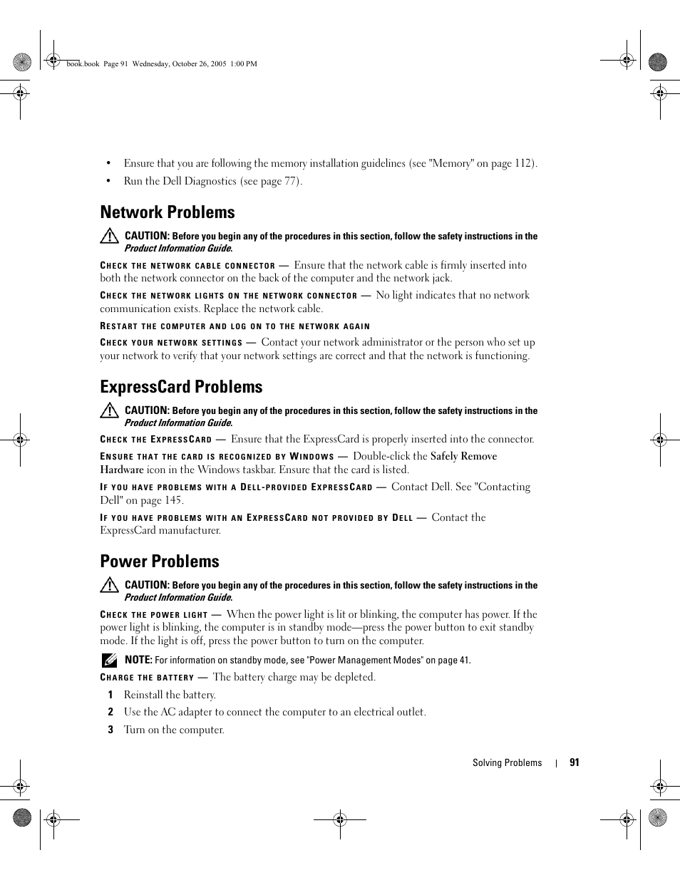 Network problems, Expresscard problems, Power problems | Dell XPS M140 (MXC051, Late 2005) User Manual | Page 91 / 180