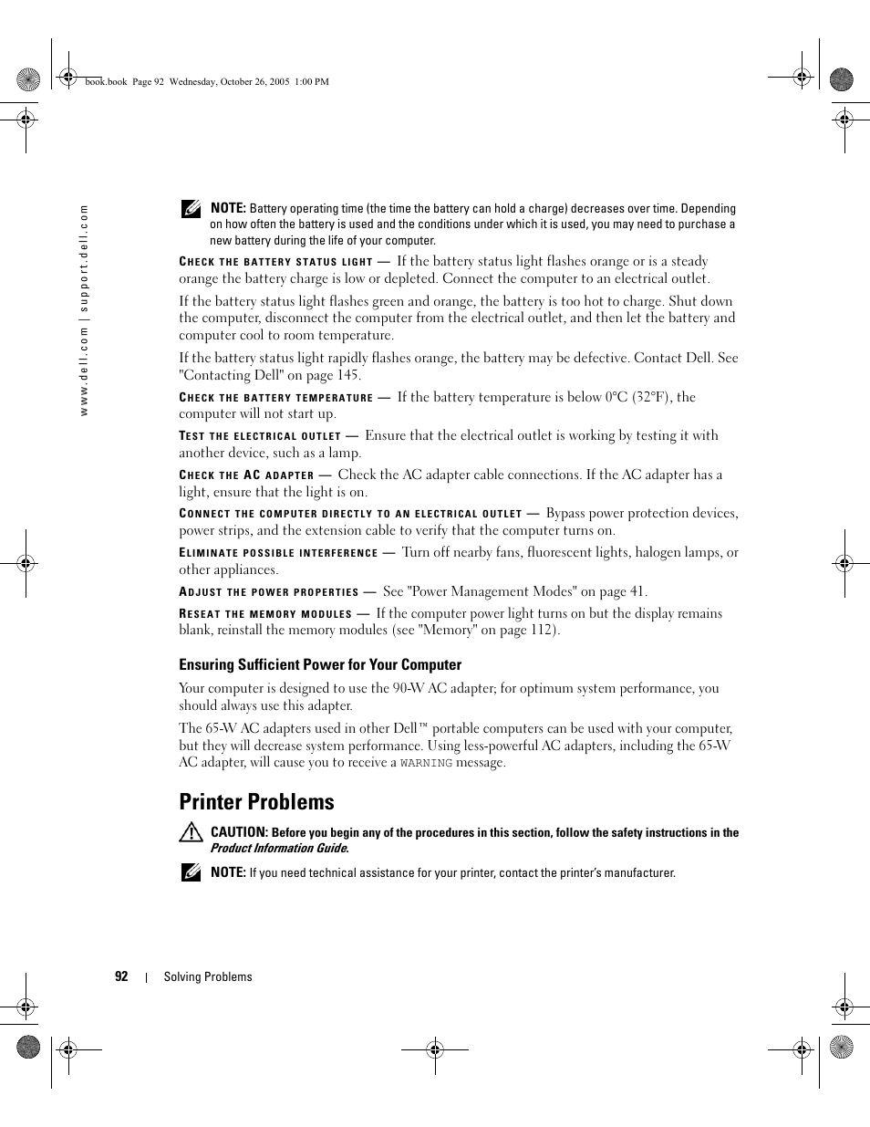 Ensuring sufficient power for your computer, Printer problems | Dell XPS M140 (MXC051, Late 2005) User Manual | Page 92 / 180