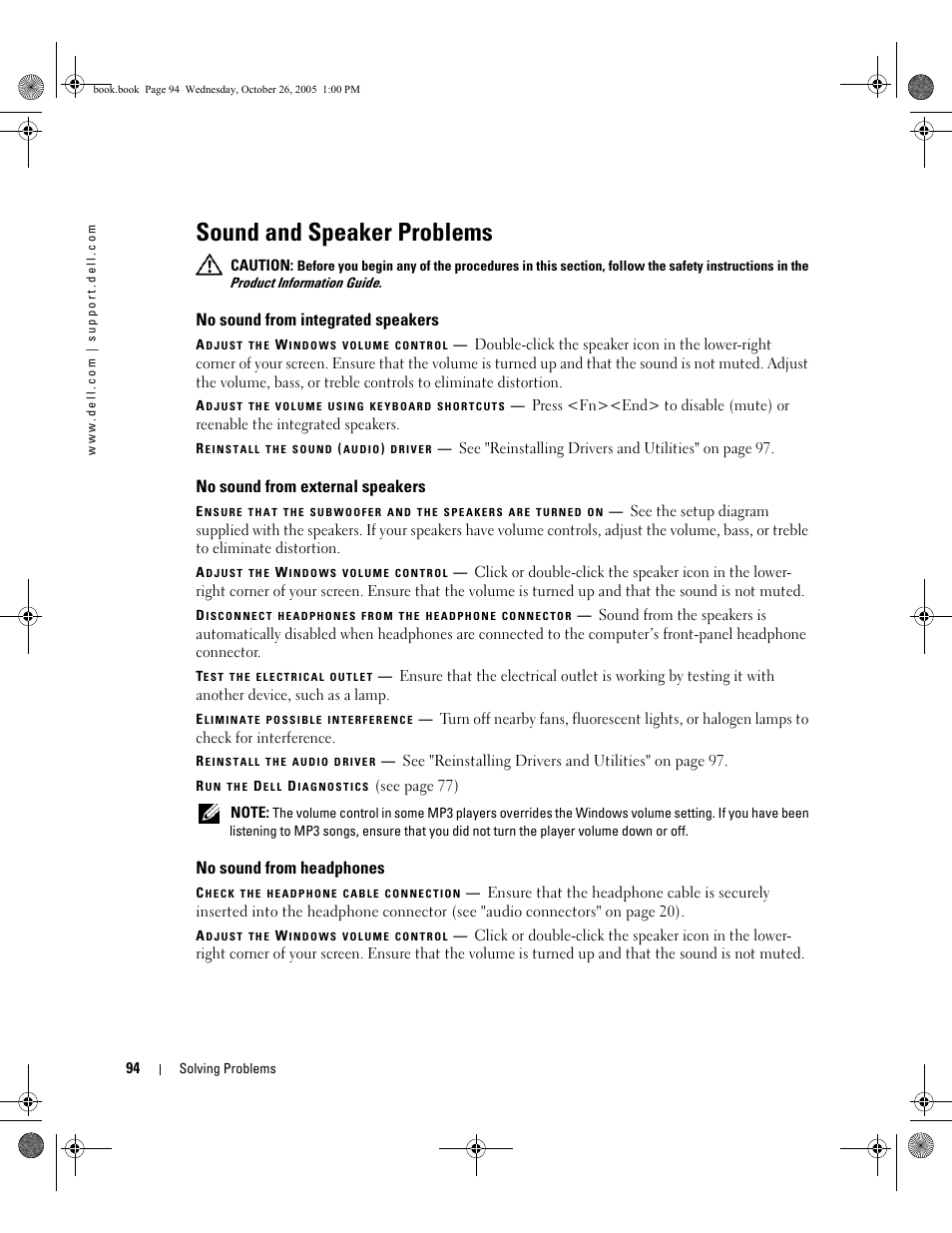 Sound and speaker problems, No sound from integrated speakers, No sound from external speakers | No sound from headphones | Dell XPS M140 (MXC051, Late 2005) User Manual | Page 94 / 180